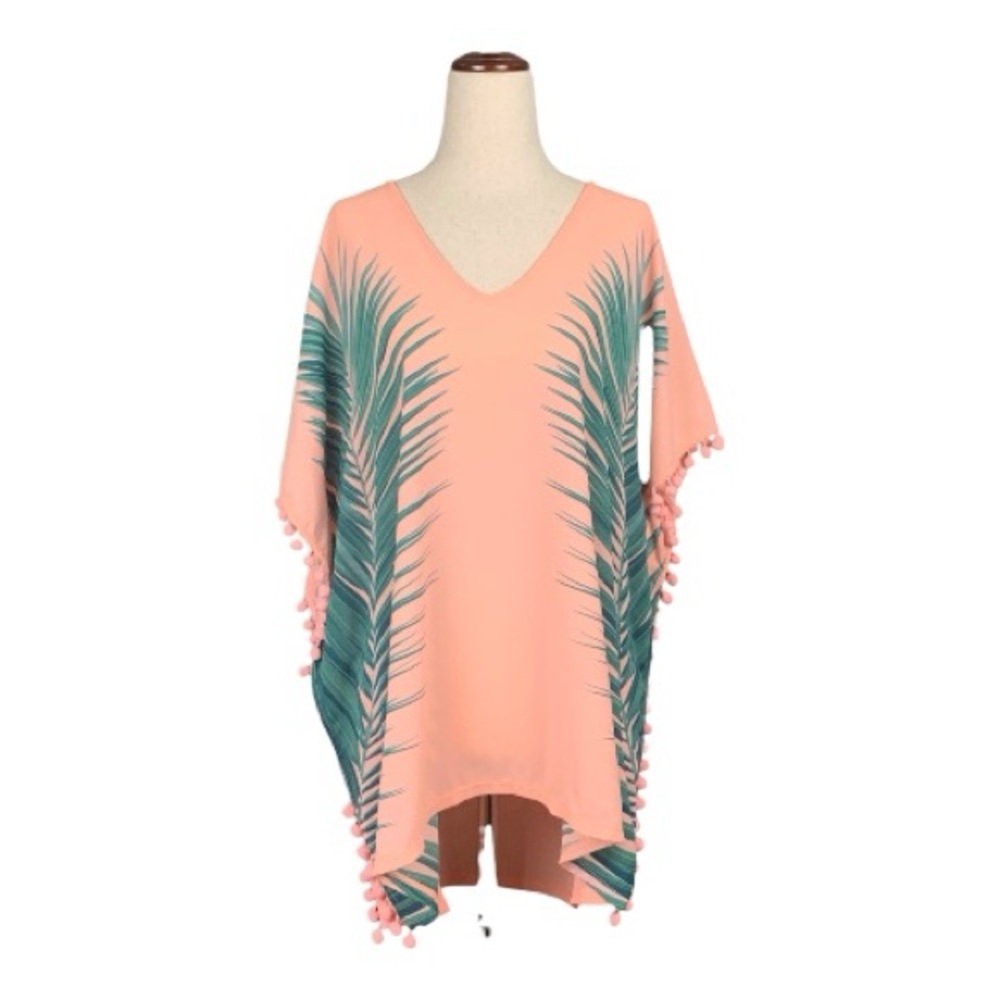 Xhilaration Coral Swim Beach Cover Up Palm Leaves Pom Pom Accents Tropical Small